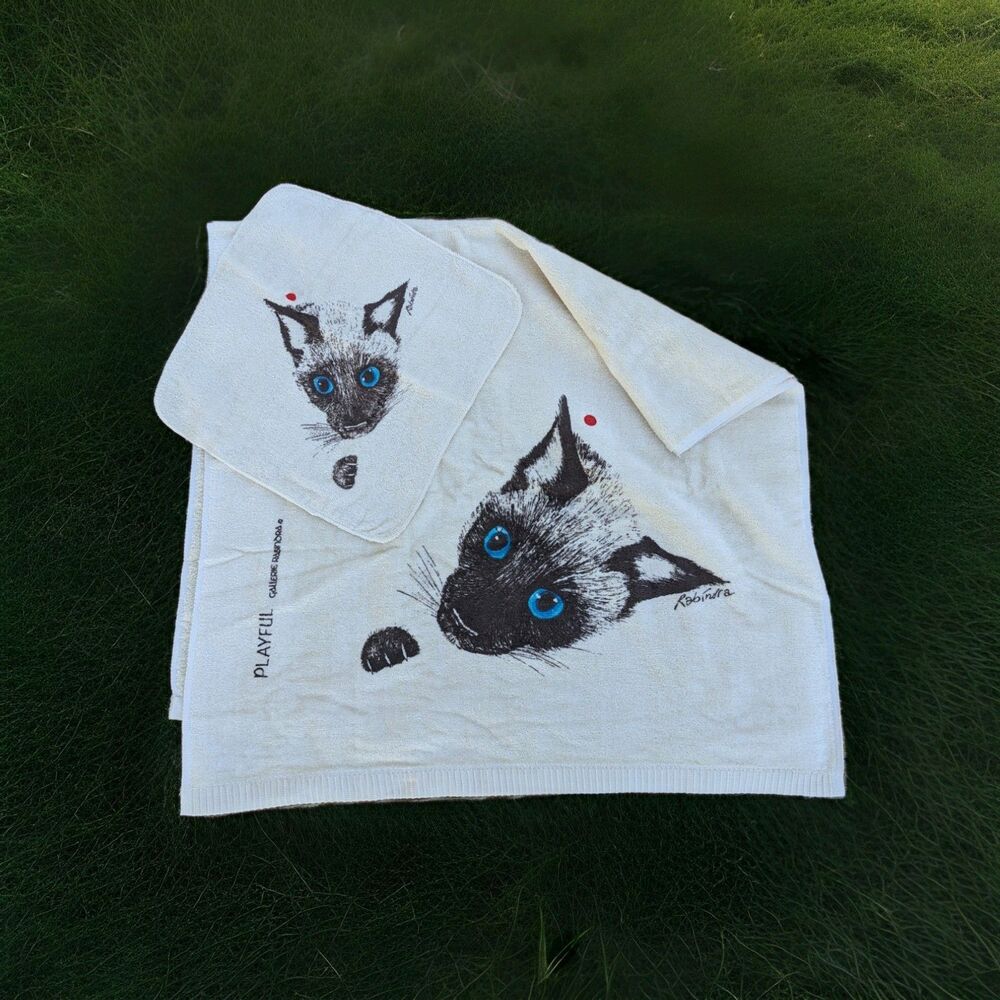 Rabindra Siamese Cats Vintage 70s Bath Towel Set Red Dot Sayco USA NEW Unused